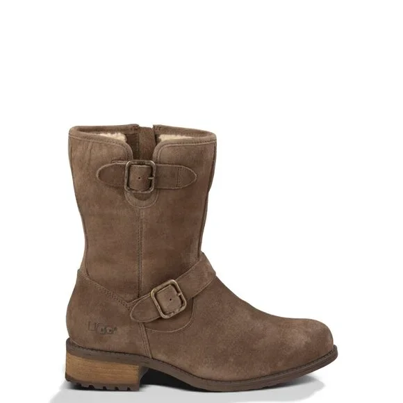 UGG Women's Tan Chaney Sheepskin Fur Dual Strap Winter Ankle Moto Boot Size 9.5 - Picture 1 of 7